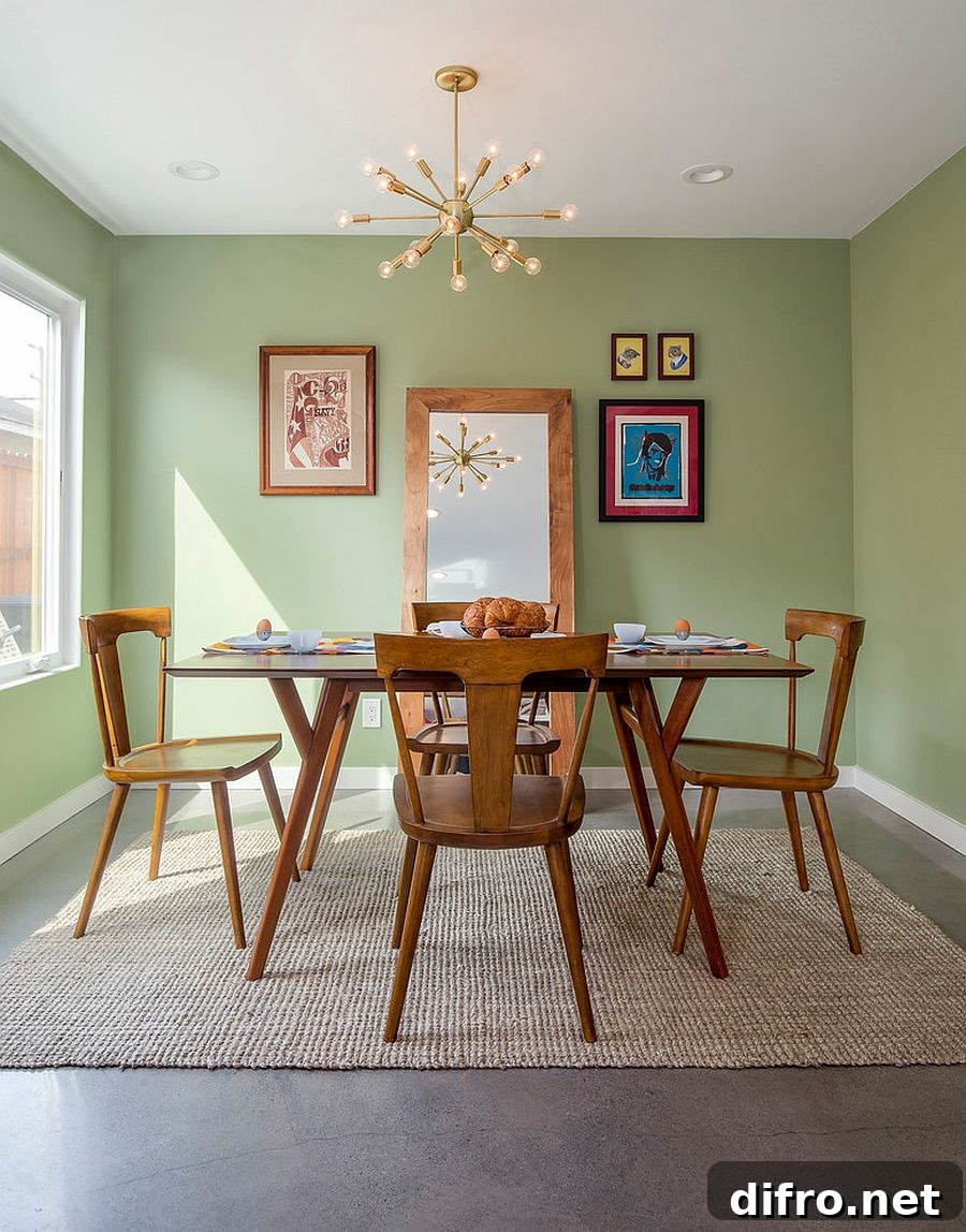 Modern midcentury dining room with large mirror