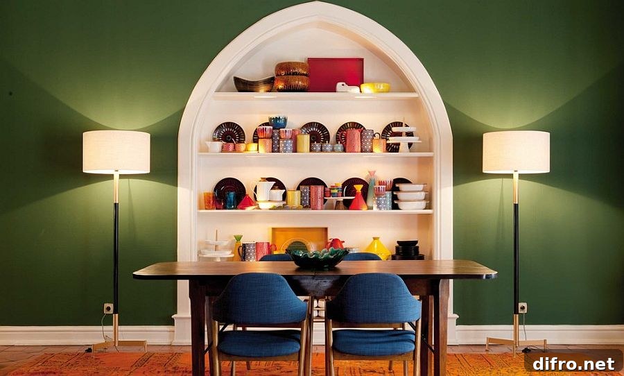 Contemporary dining room with green and blue accents