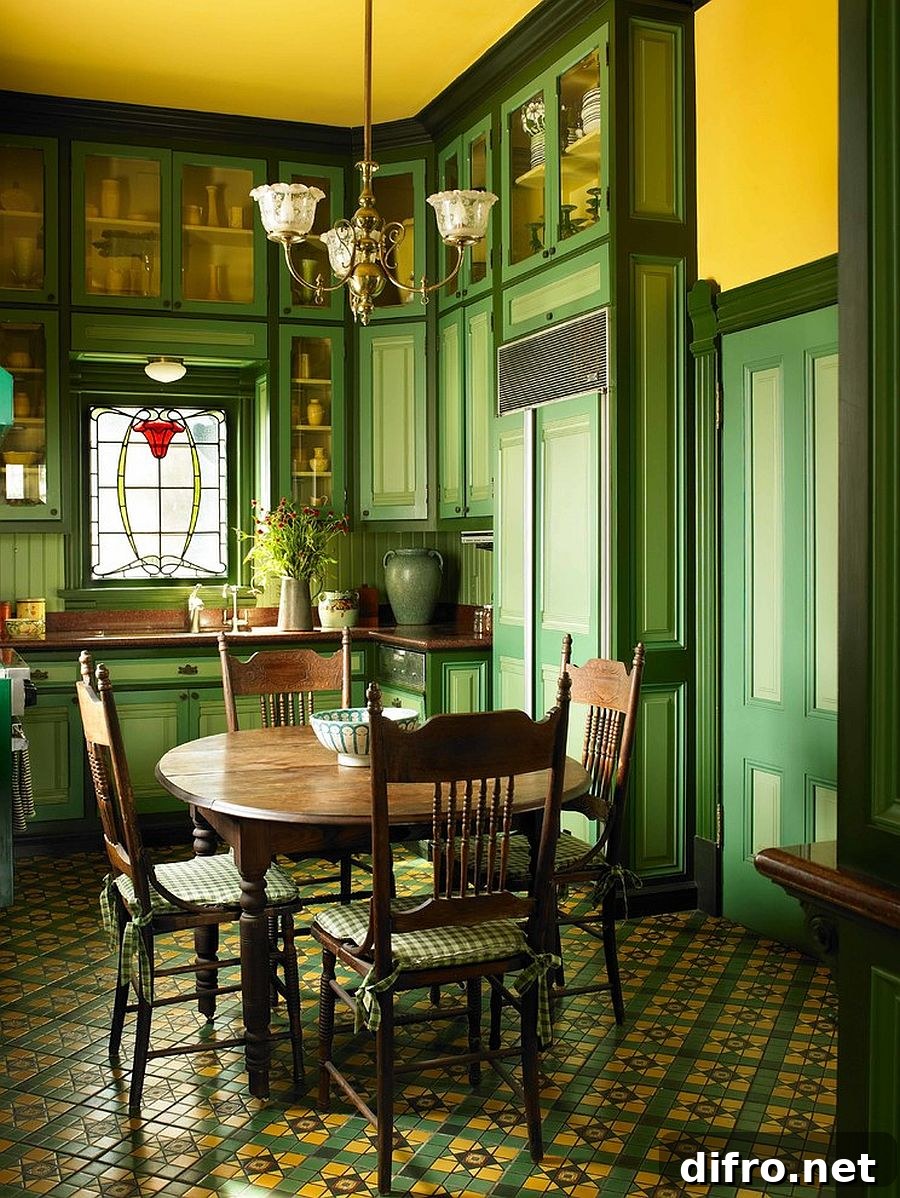 Victorian dining room in dark green and yellow