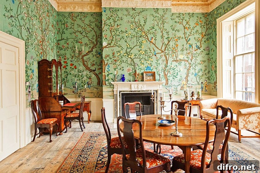 Traditional dining room with green floral wallpaper