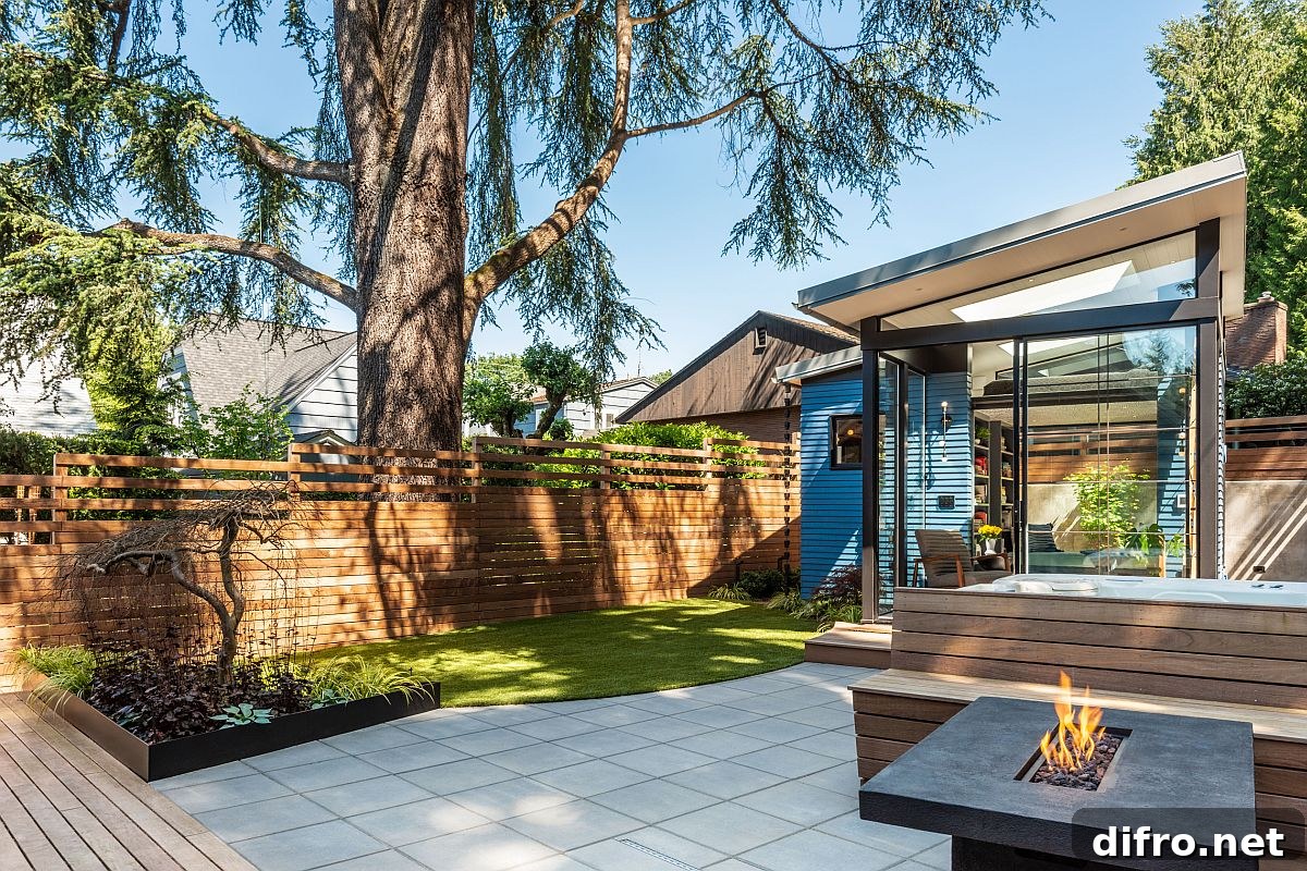 Outdoor fireplace and sauna create a relaxing hangout