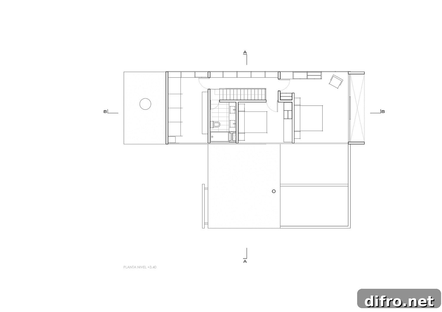 Bedroom level floor plan of cantilevered home in Chile