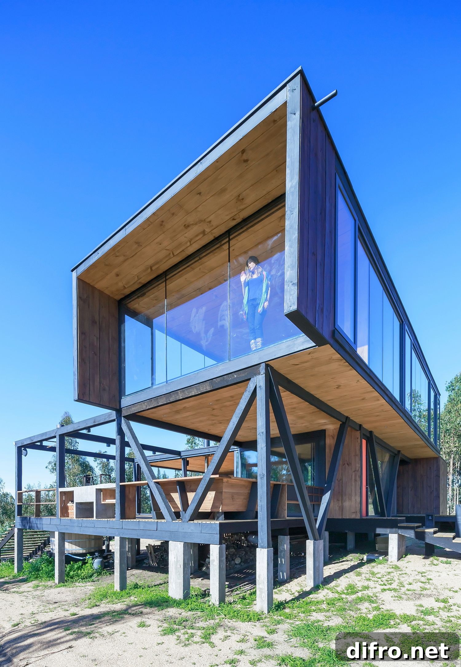 V-shaped pillars carry much of the weight of the second level of the house