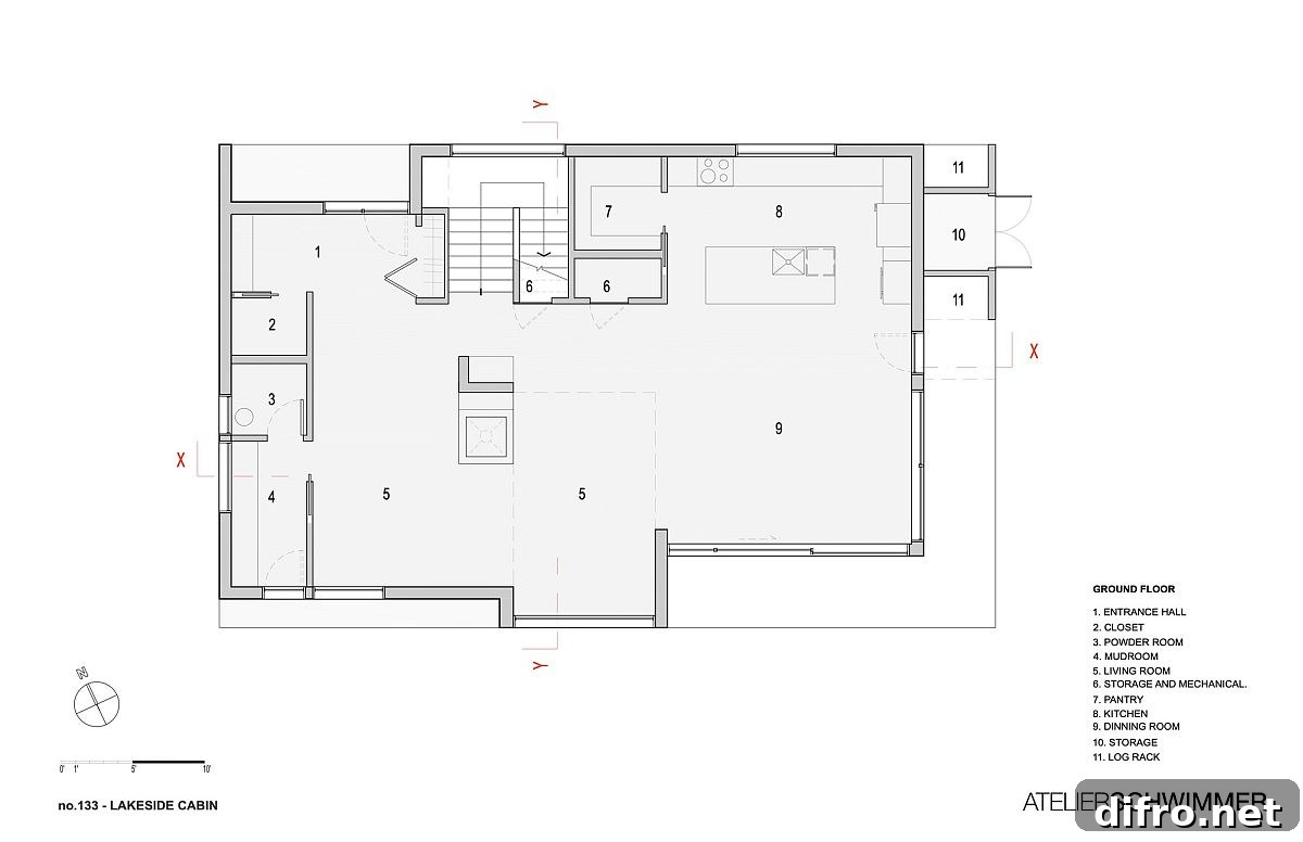 Ground level floor plan of lakeside cabin in Canada