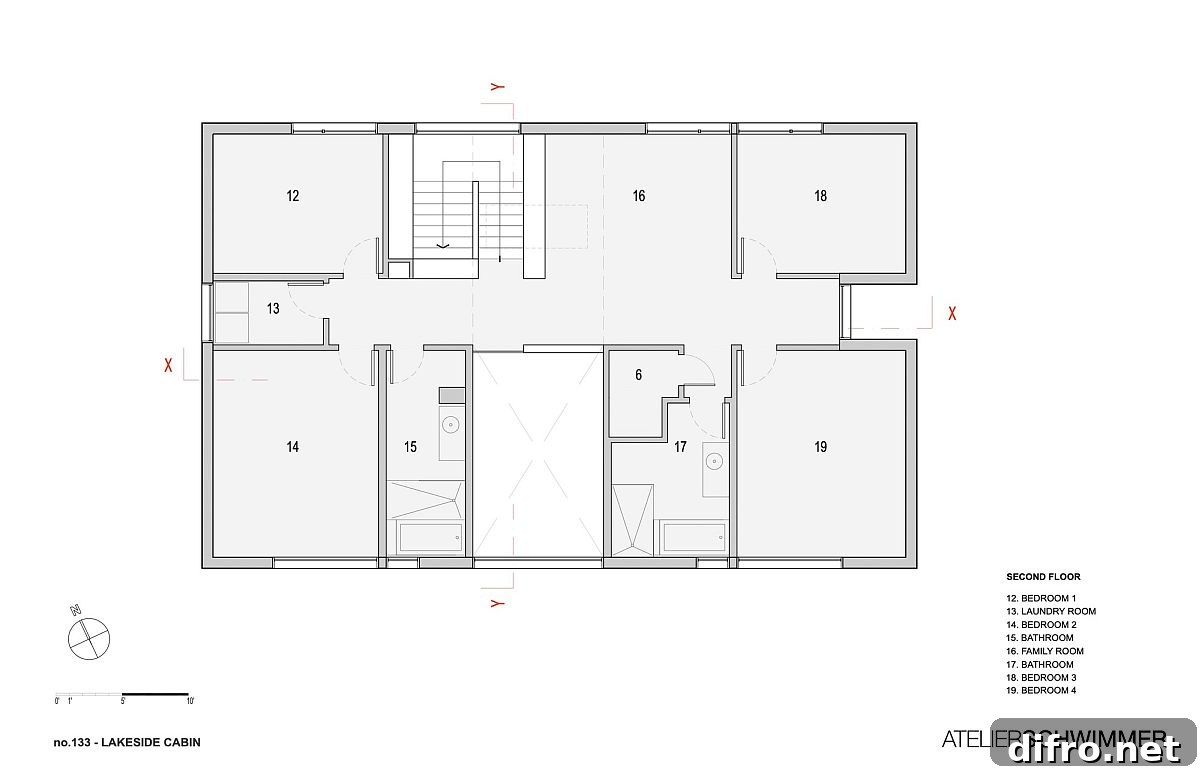 Second level floor plan of the modern lakeside cabin in Canada
