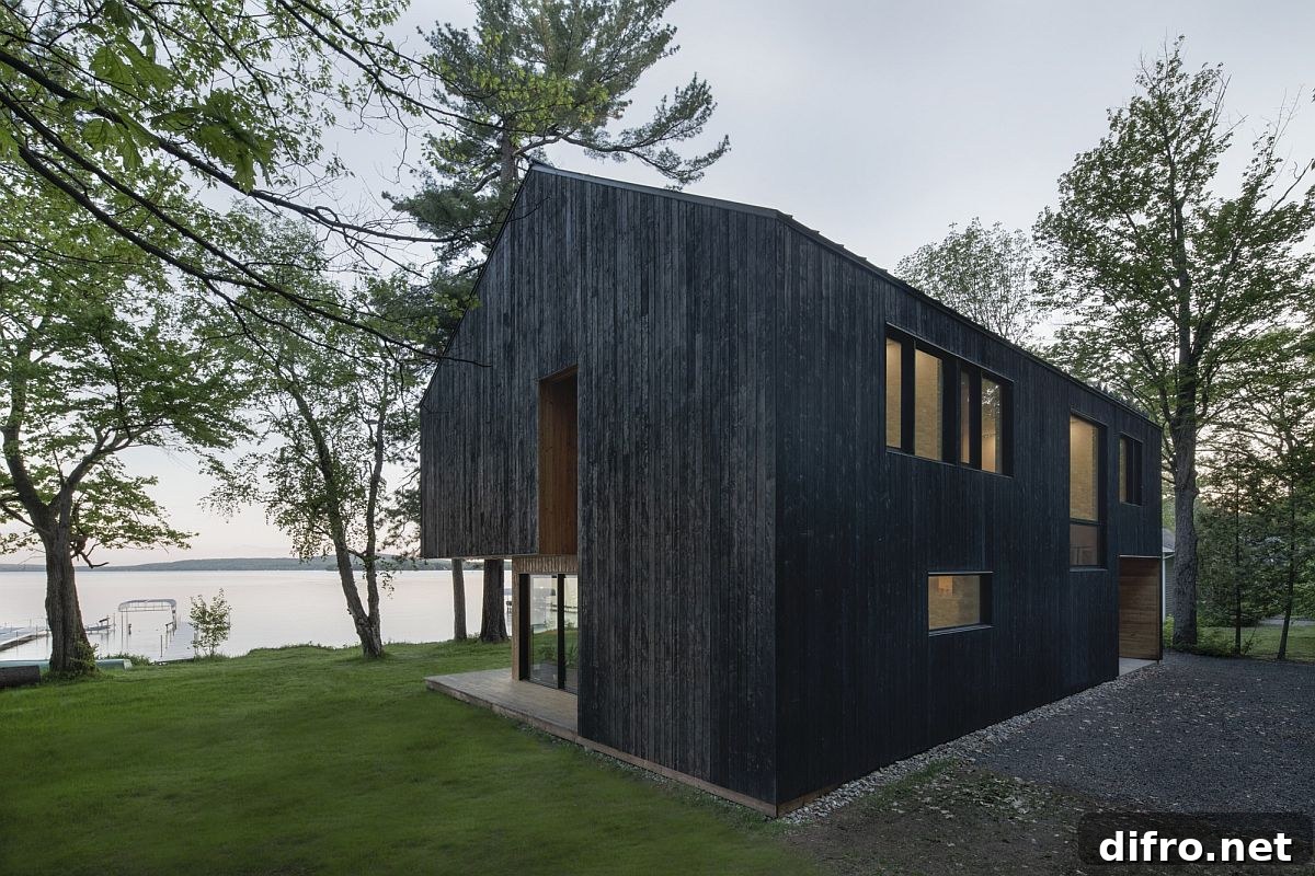 Fabulous new building on the banks of Lake Brome with a striking, dark exterior