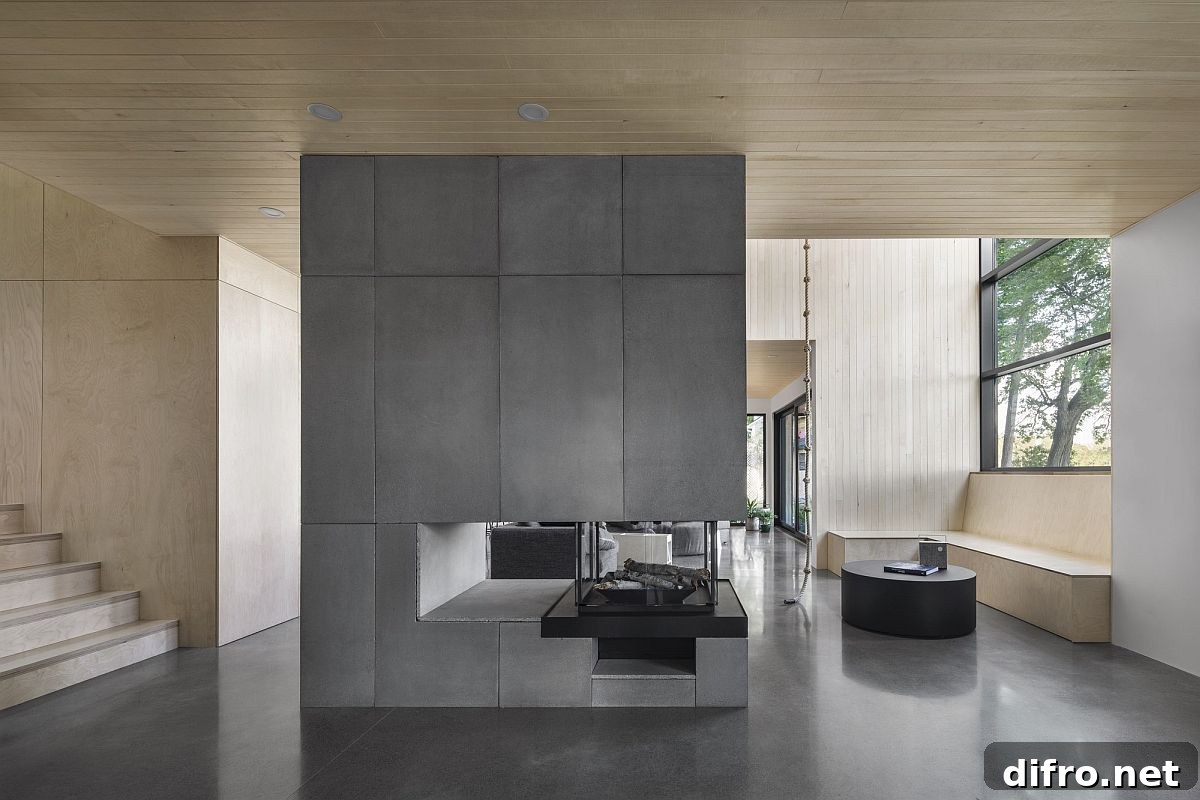 Double-sided concrete fireplace sits at the heart of the new living area