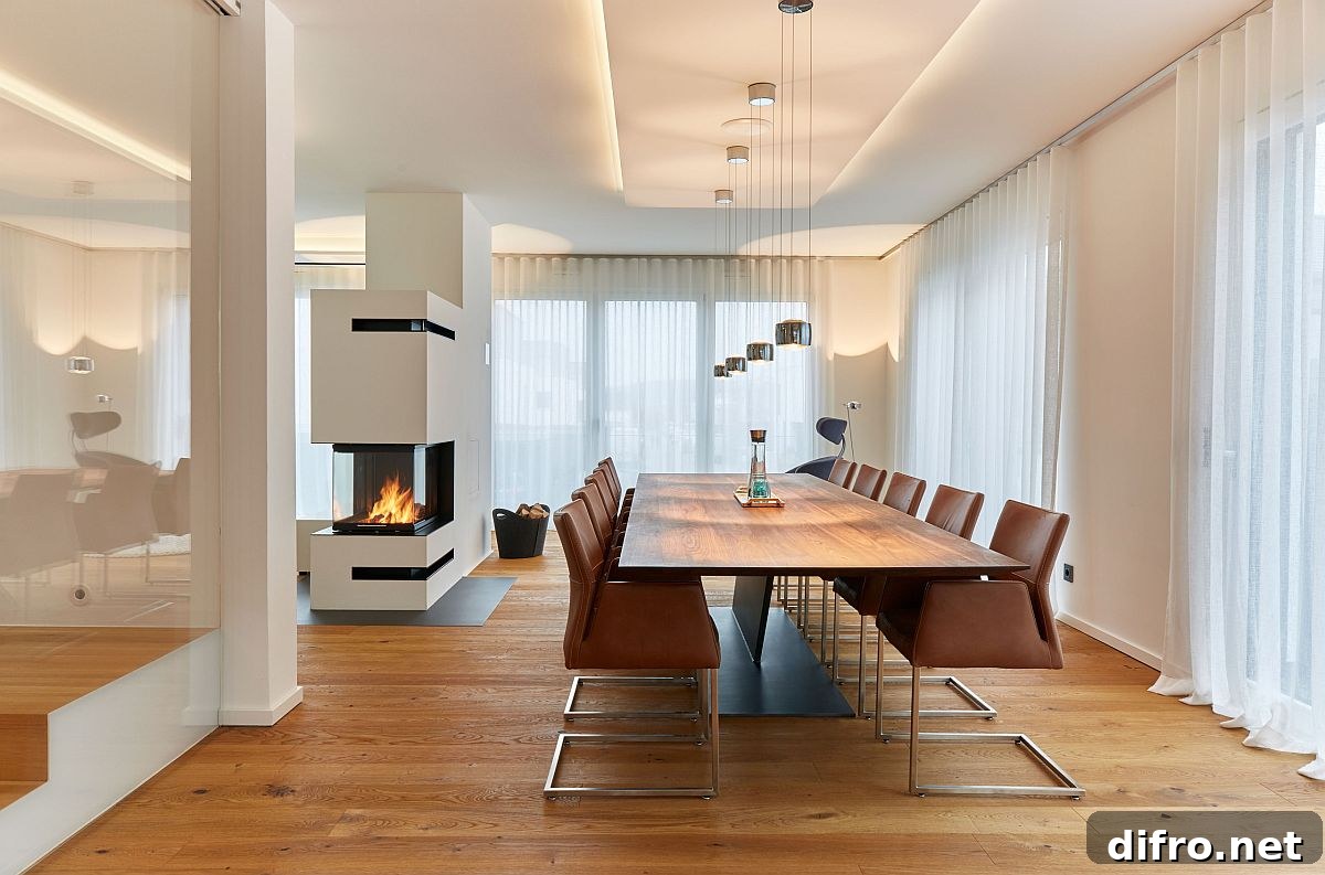 All-white modern dining room with smart two-sided fireplace