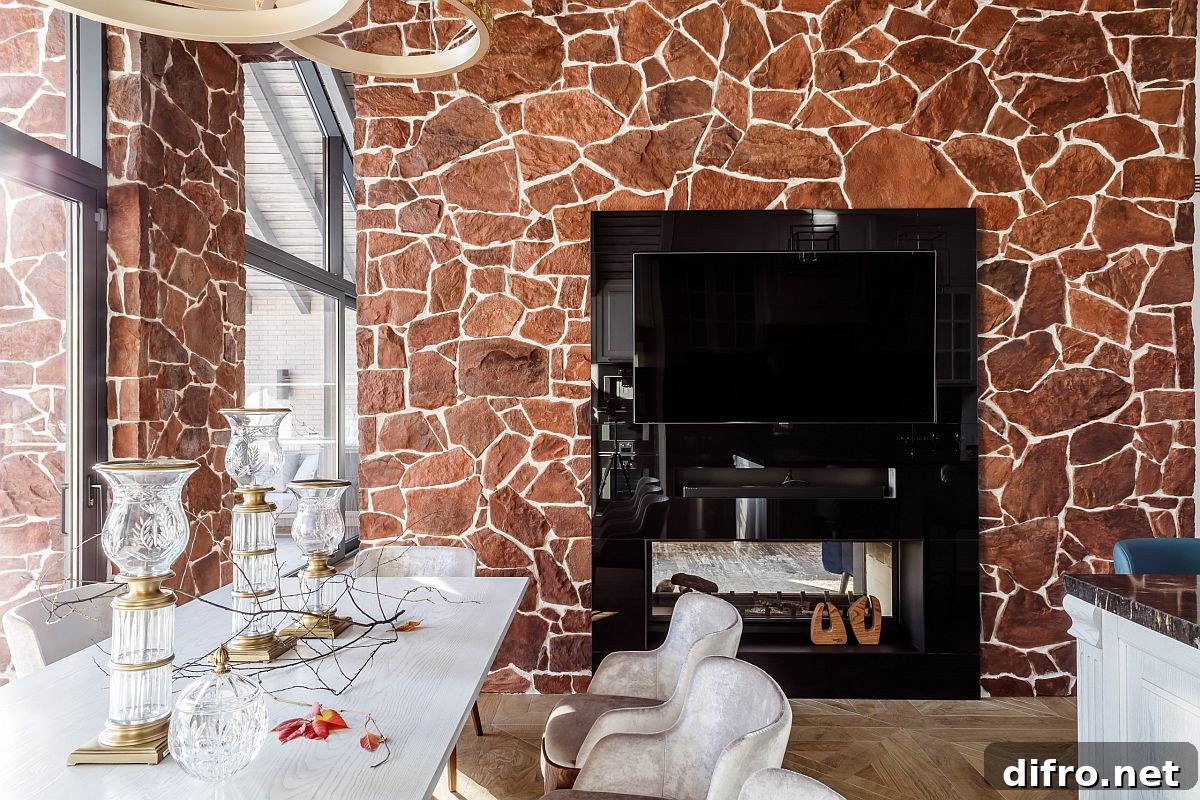 Two-sided fireplace fits into the wall while illuminating kitchen and dining space
