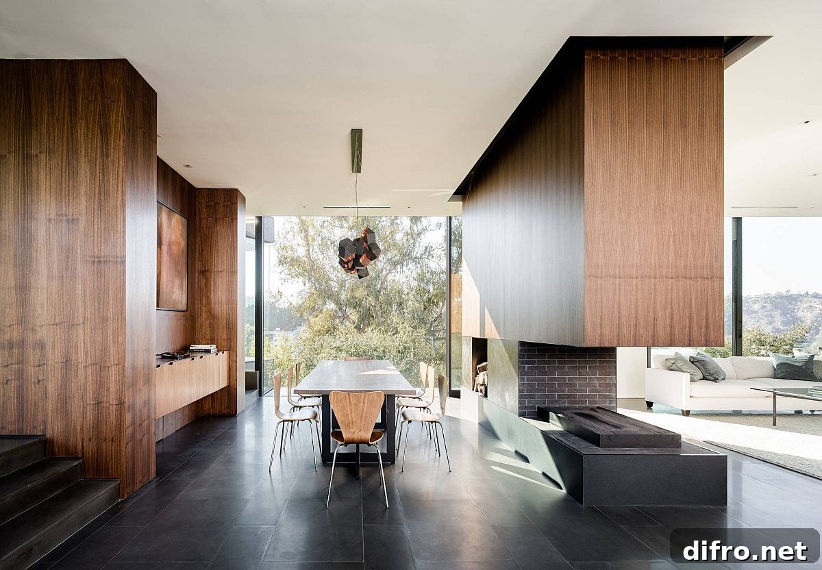 Oak-accented fireplace in a dark dining room