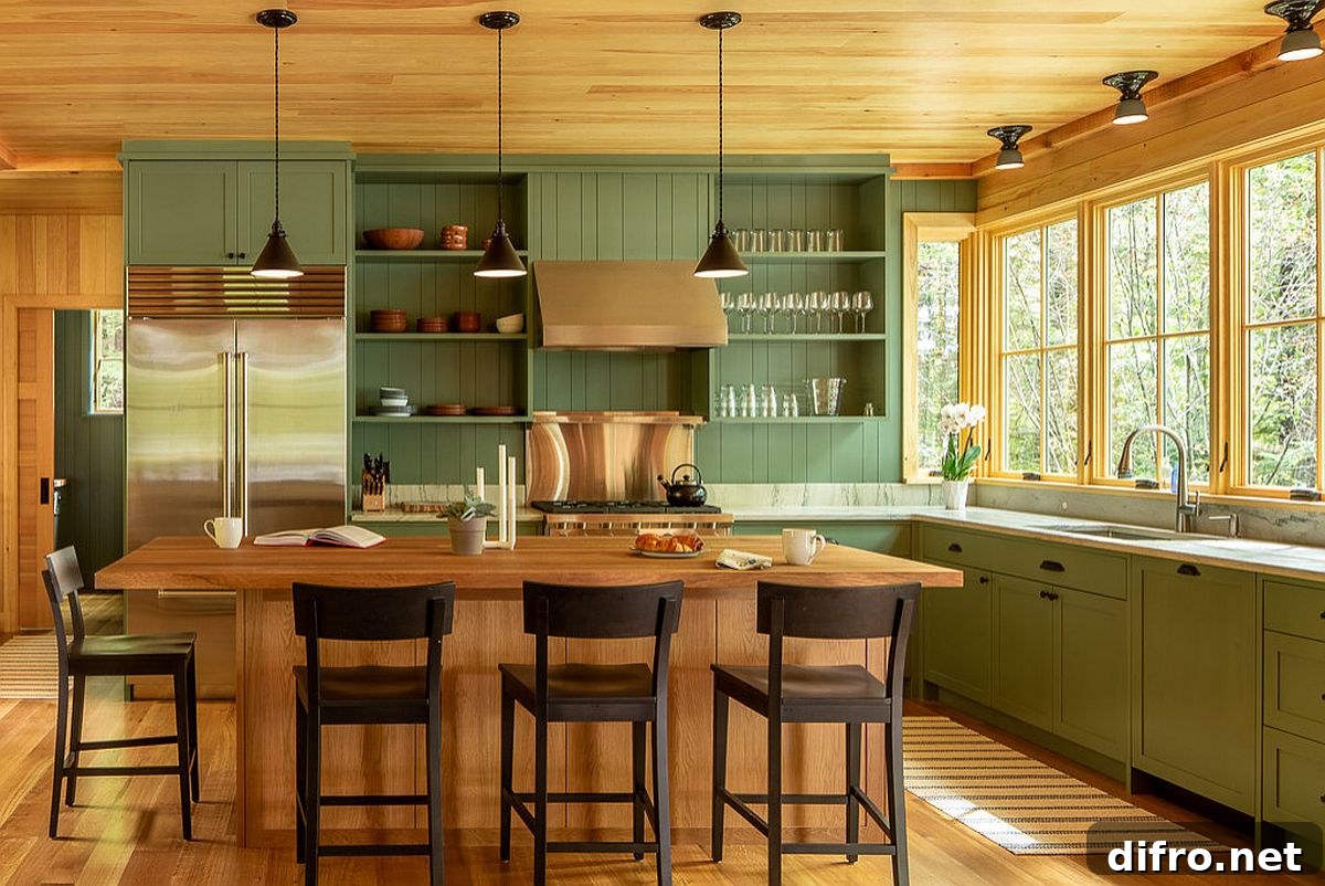 Green cabinetry in a kitchen heading into winter