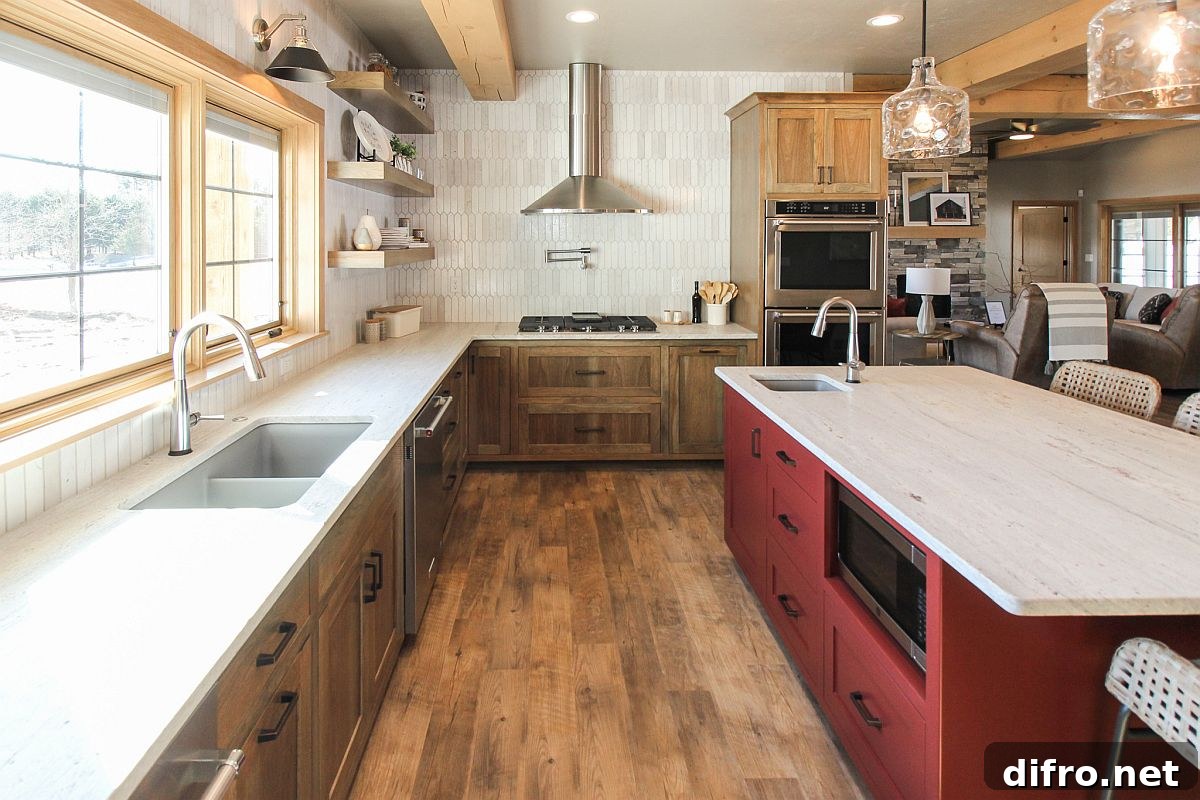 Deep red kitchen island in a rustic kitchen