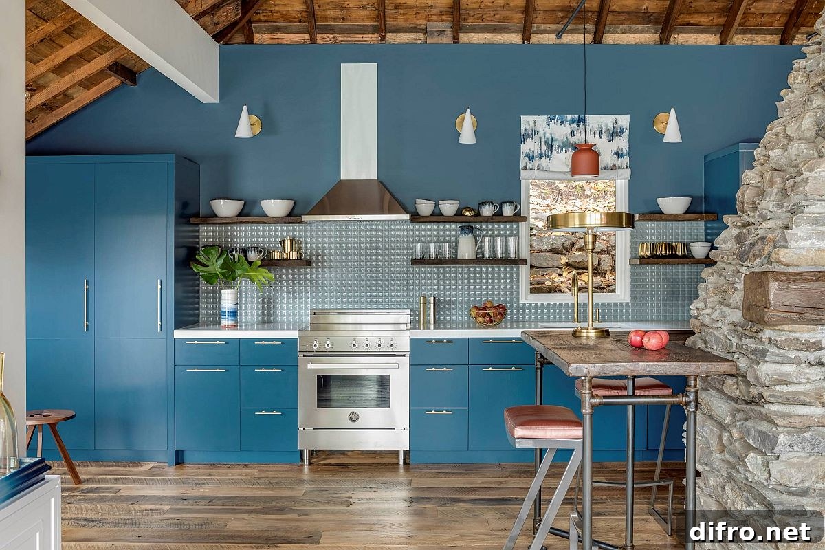 Blue cottage-style single wall kitchen with rustic touches