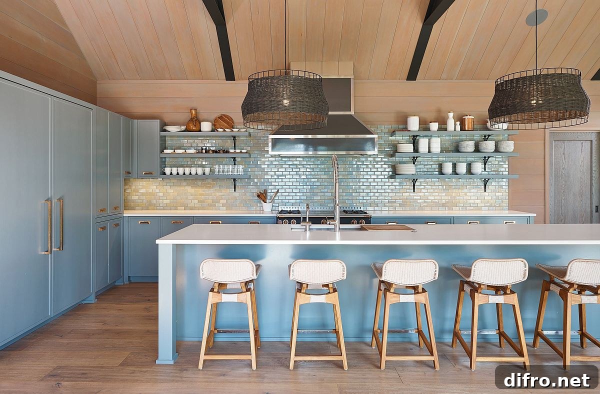 Blue tiled backsplash in a modern rustic kitchen