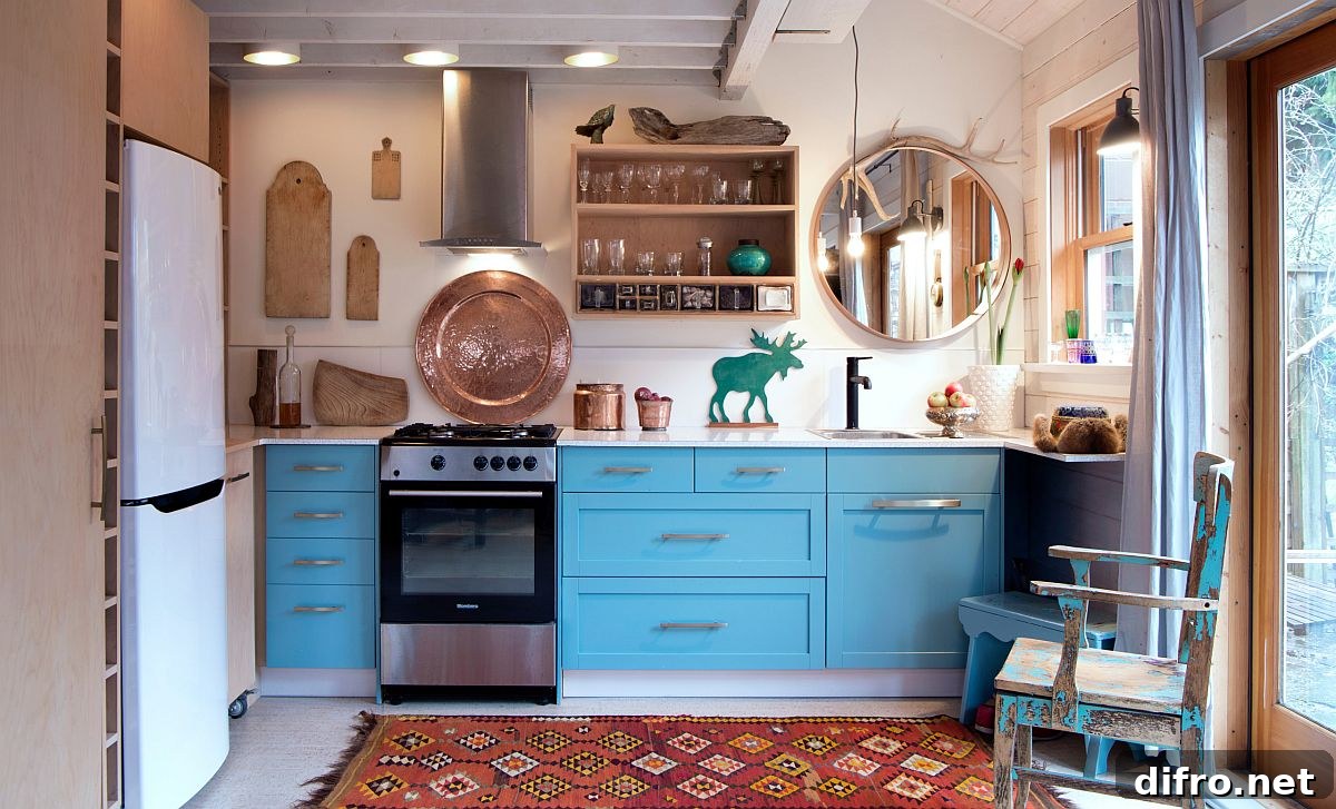 Fun blue cabinets in a small rustic kitchen