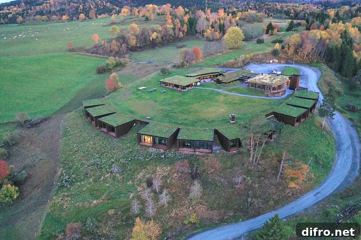 View from above from the green and delightful Øyna Cultural Landscape Hotel in Norway