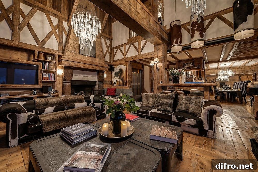 Cozy living room with cowhide rugs and chandeliers