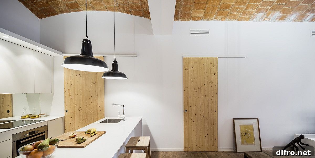 Kitchen and dining space with ceramic-tiled ceiling