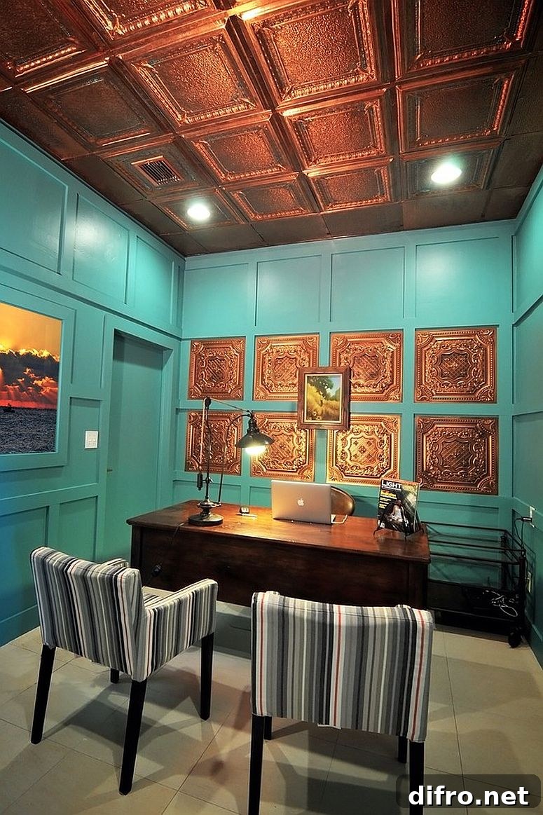 Home office with copper ceiling