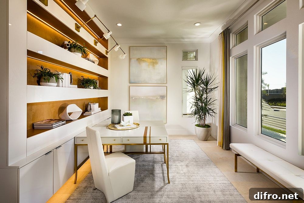 Contemporary home office in white with golden lighting