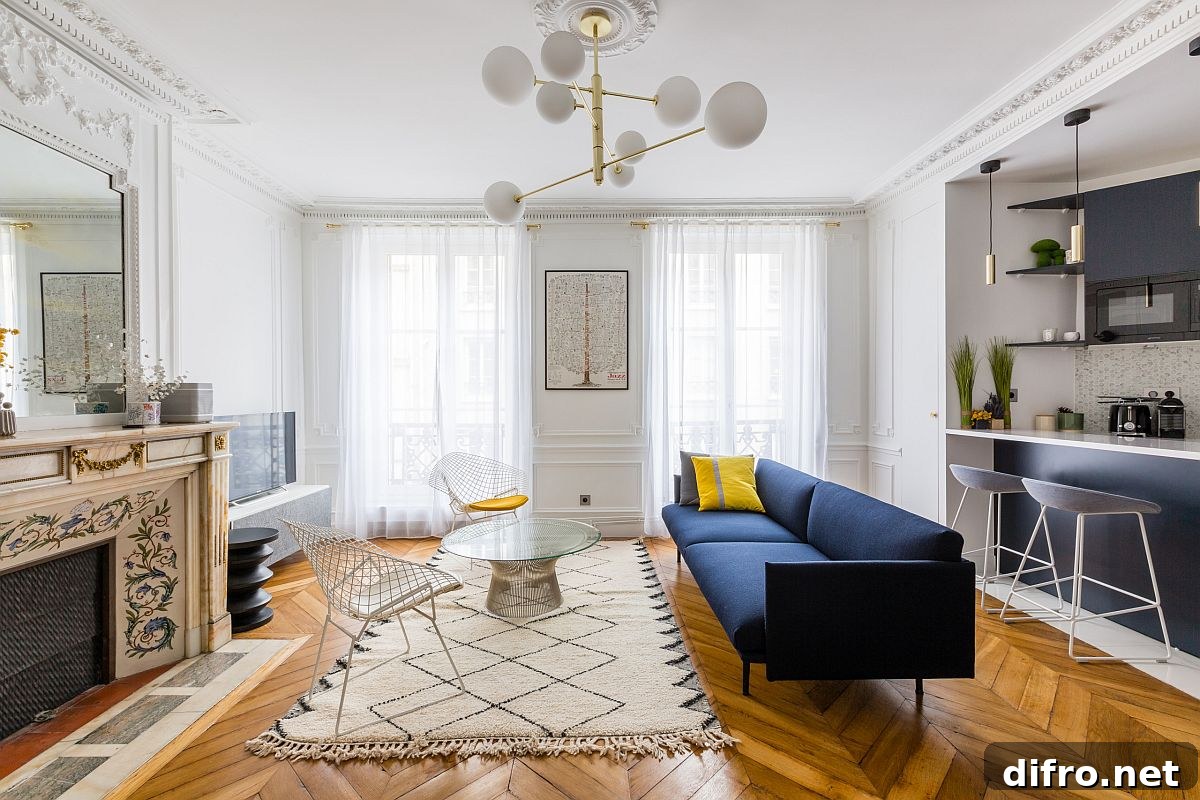 White and wood combined with brilliant pops of deep blue and yellow in the modern open plan living space