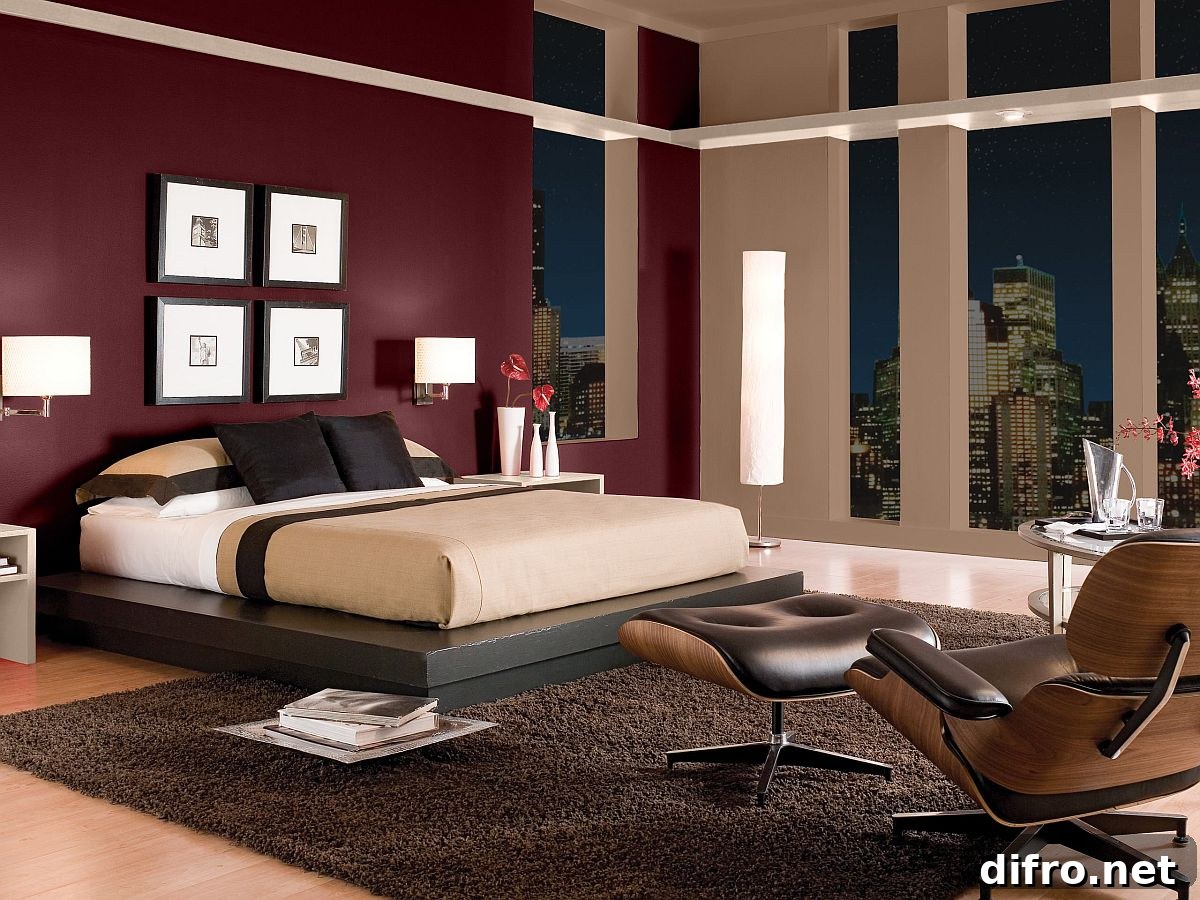 Burgundy accent wall transforms a neutral Californian bedroom