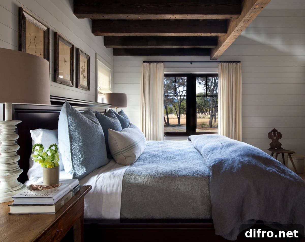 Wood and white bedroom where blue bedding ushers in a hint of color