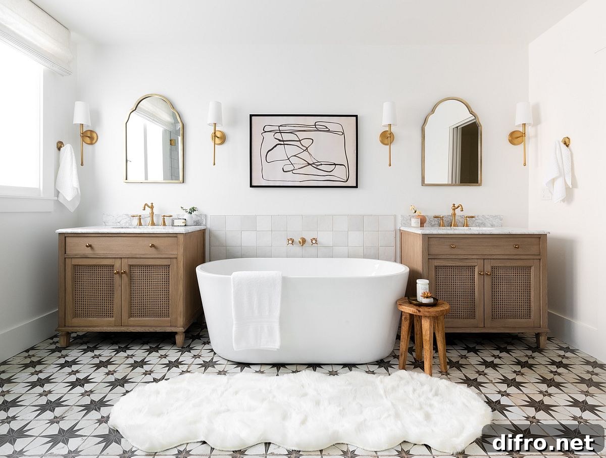 Modern Mediterranean bathroom in white with geometric floor tiles