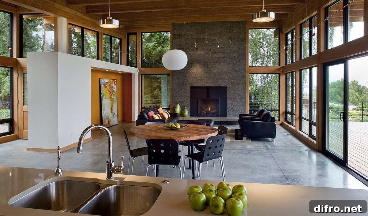 Open plan living area with direct connection to the deck and river views