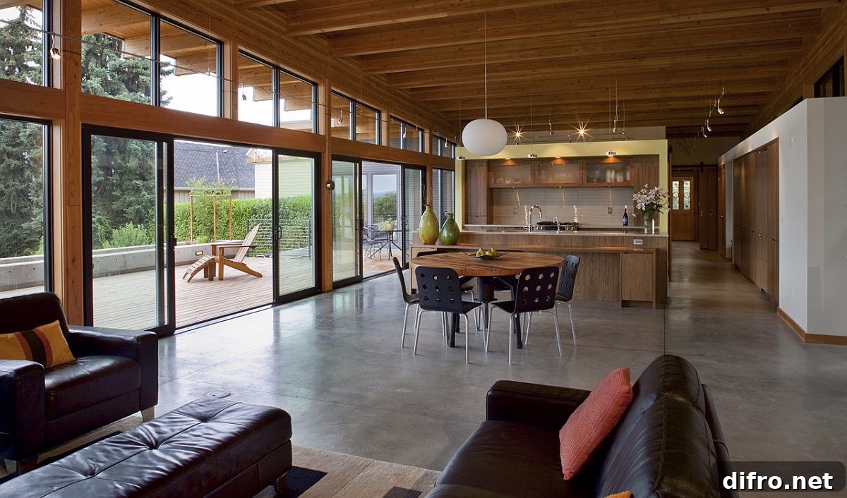 Spacious interior beneath a sloping roof with large glass walls
