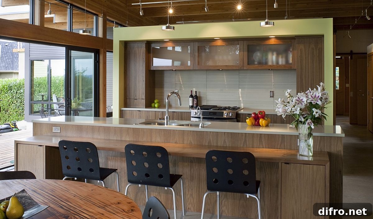 Contemporary kitchen with wooden island and a breakfast bar