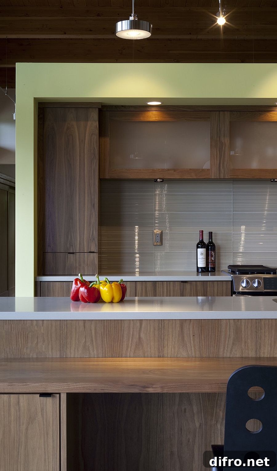 Wood shelving and island forming a functional modern kitchen