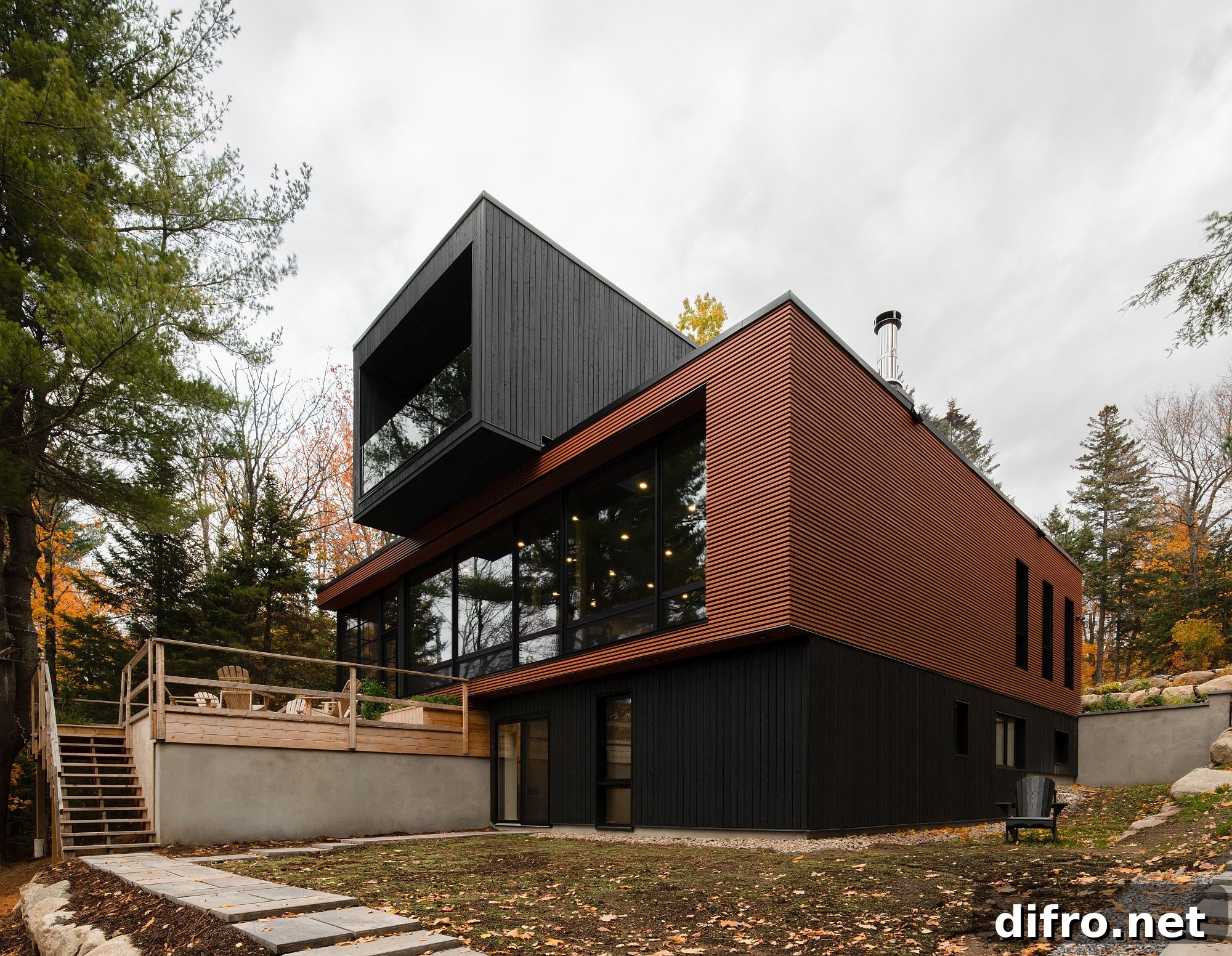 Modern deck with lake and forest views
