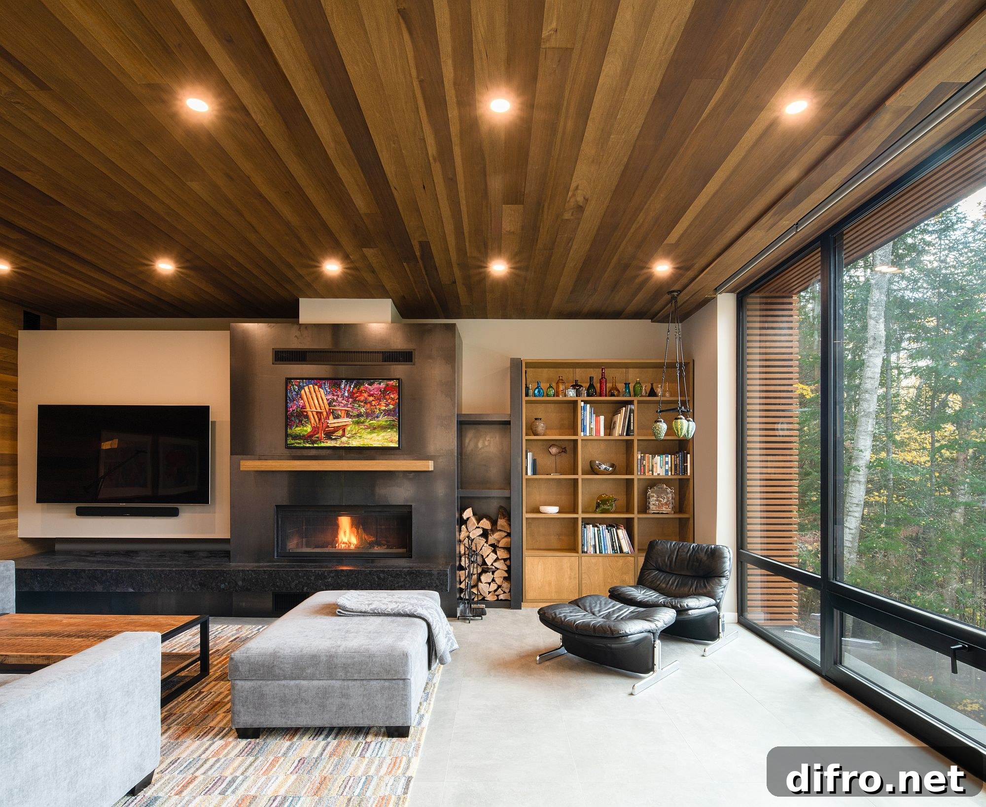 Living area with fireplace and wood ceiling