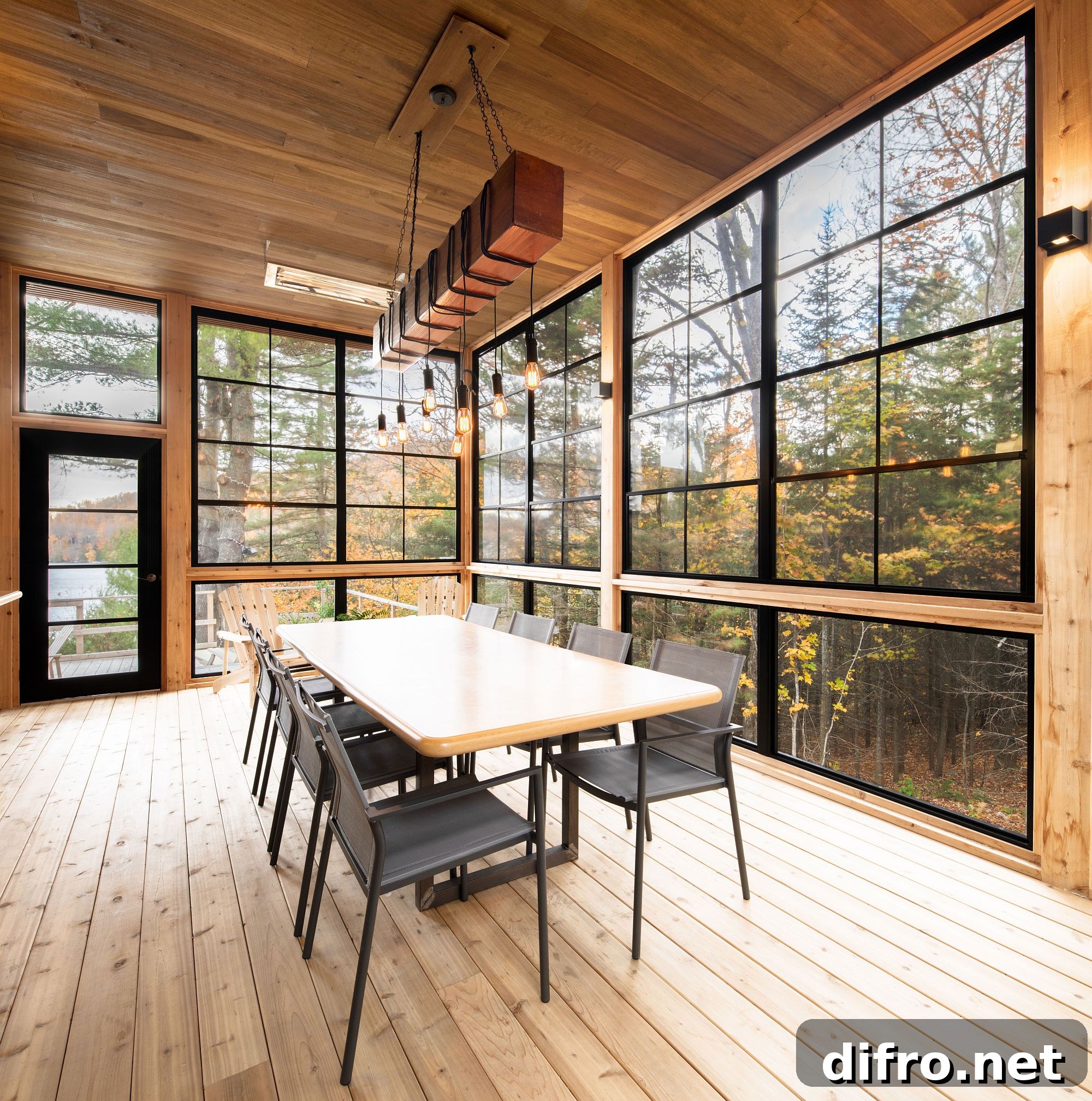 Dining area with dark framed windows