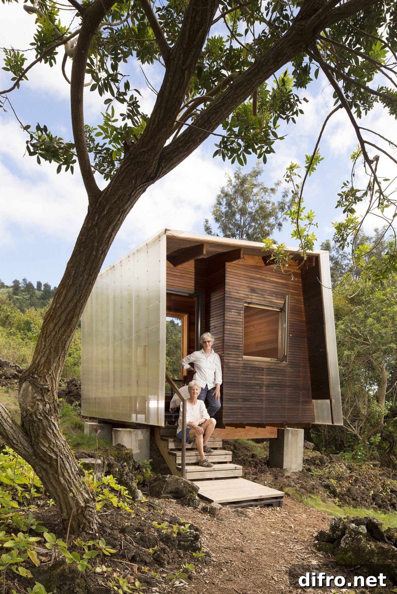 Polycarbonate sheathing covers the exterior of the cabin