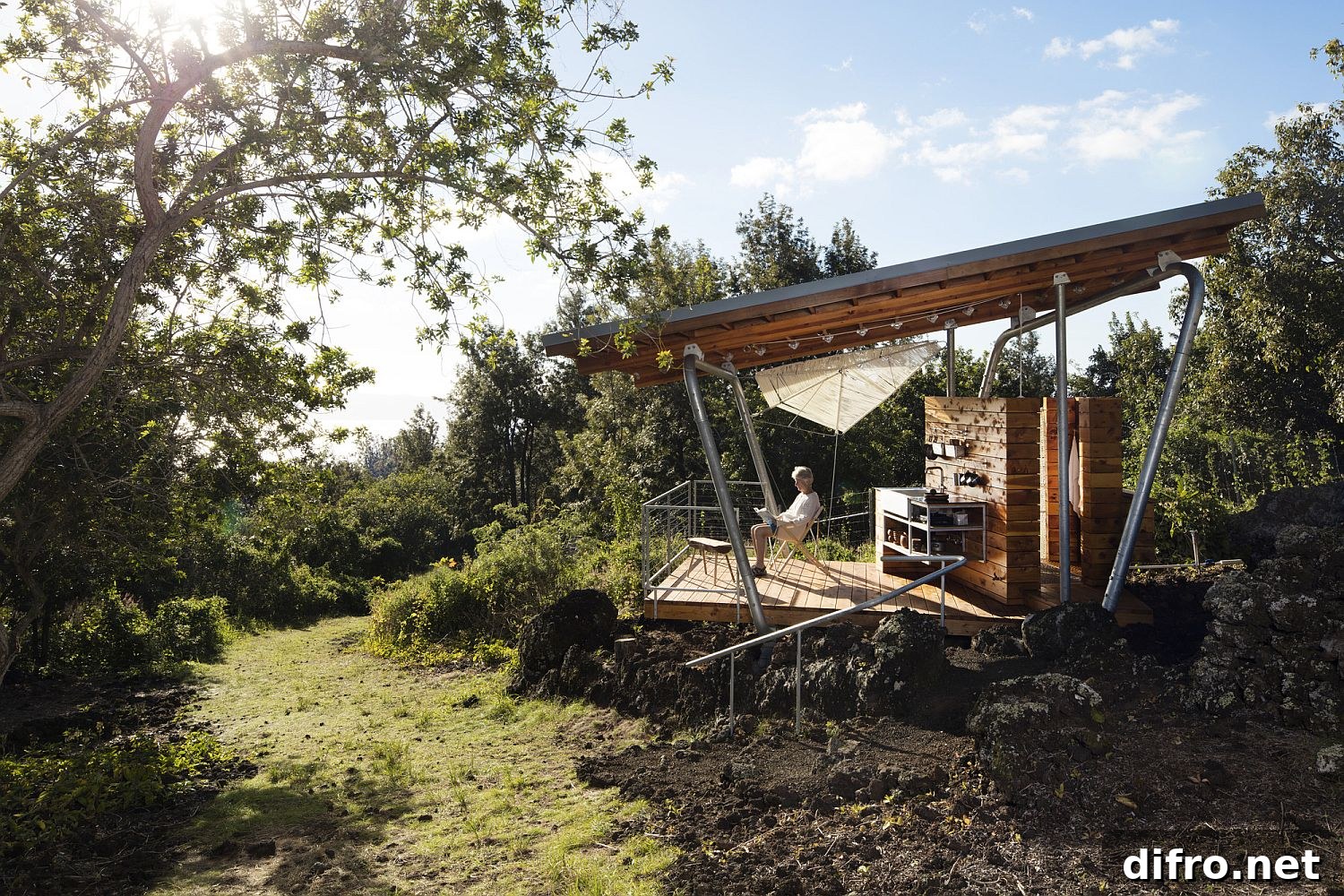 Pavilion-style outdoor house sits above the 300-year-old lava flow