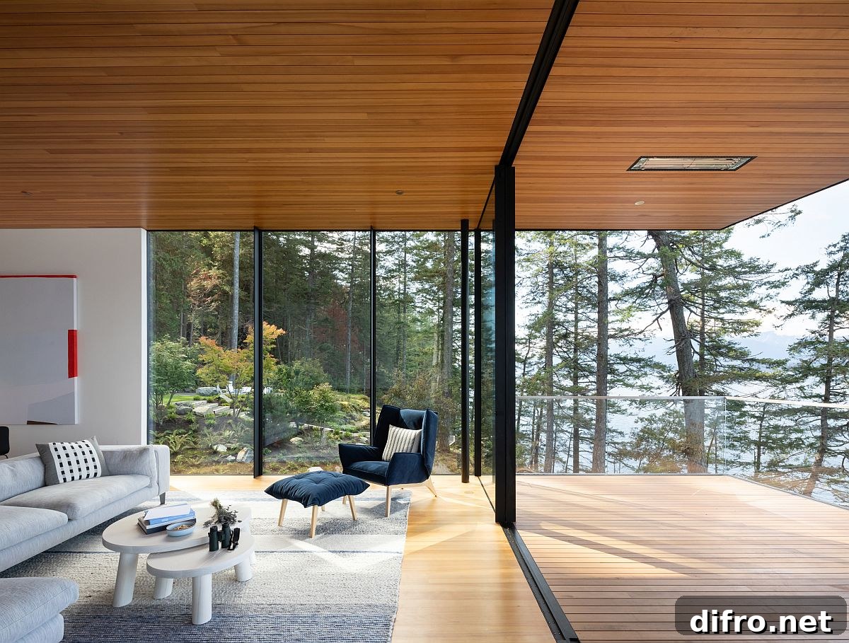 Sliding glass doors connecting interior to wooden deck
