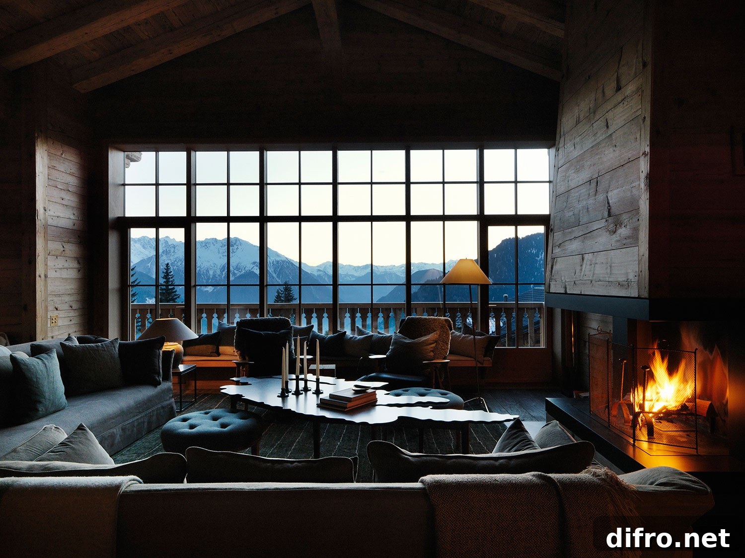 Using natural materials, layers of textile and sumptuous furniture, Ilse Crawford's Studioilse created this cosy chalet deep in the Swiss Alps. Image courtesy of Studioilse.