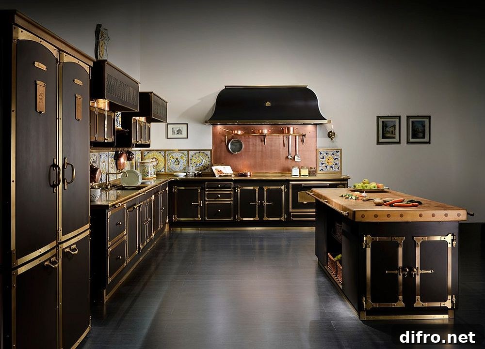 Stunning Mediterranean kitchen with cool copper backsplash [Design: Officine Gullo USA]