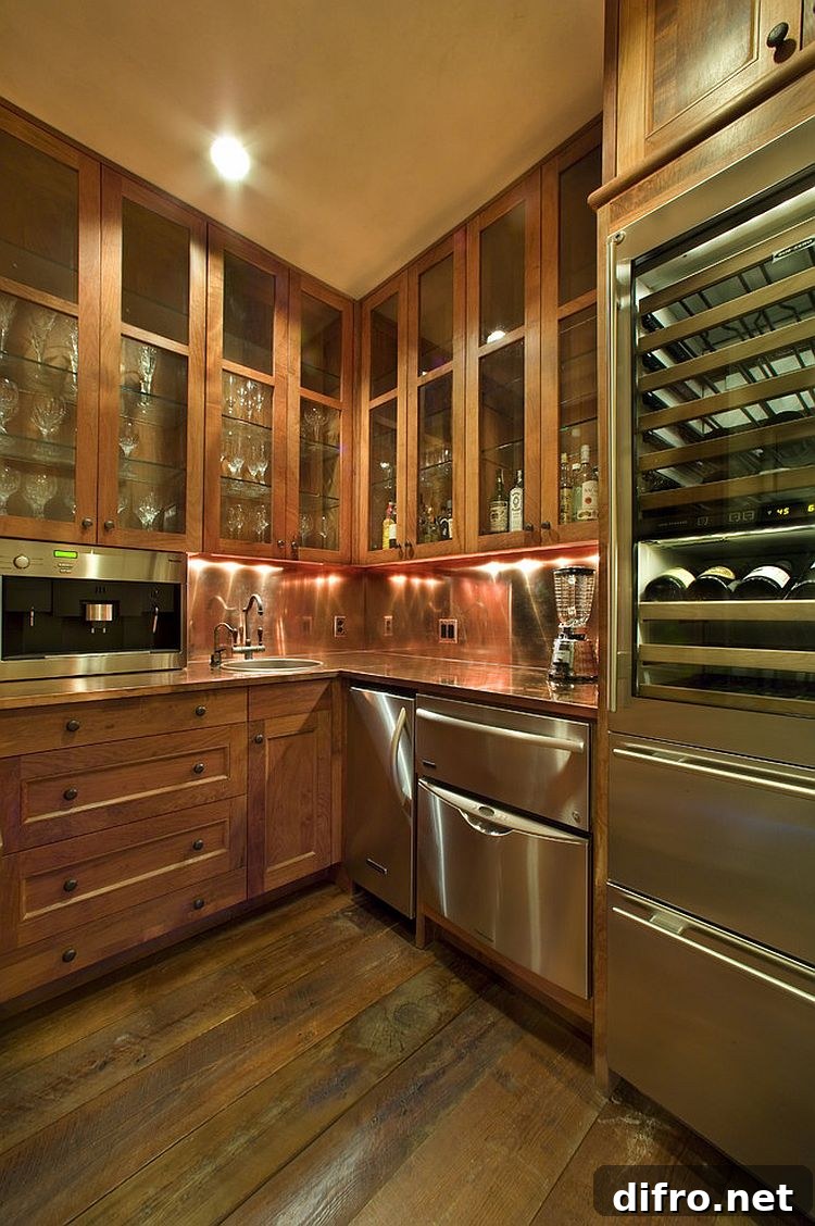 Corner home bar in the kitchen with copper backsplash [From: Webber + Studio, Architects/ Paul Finkel Photography]