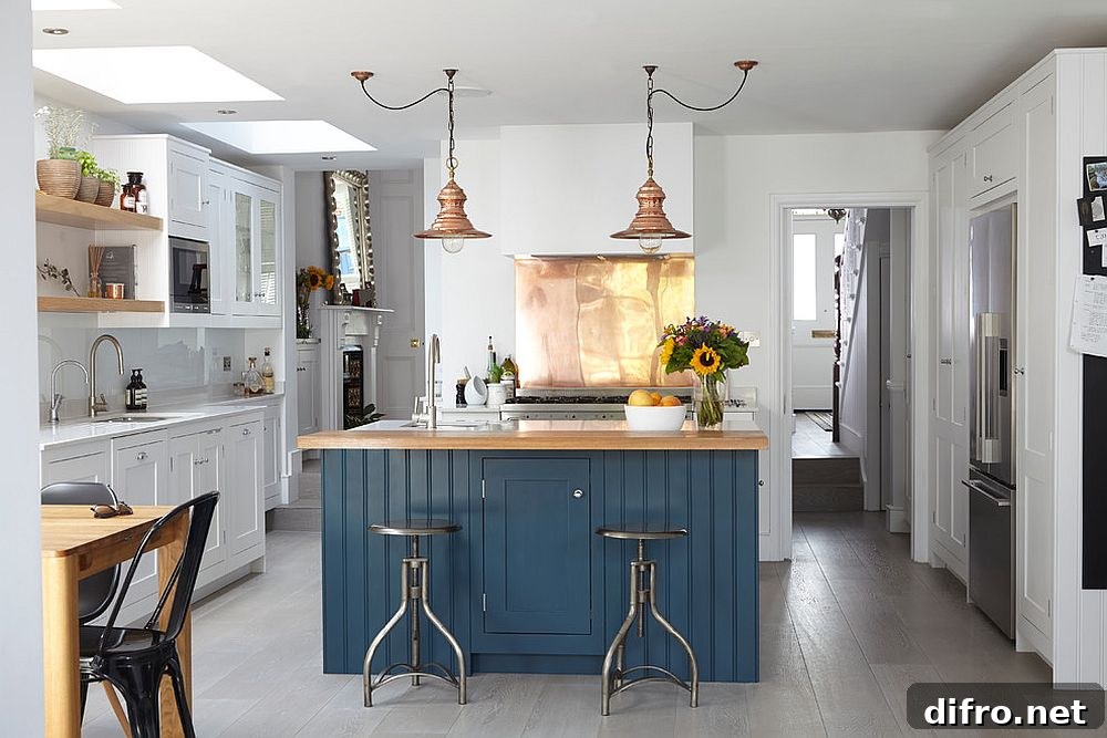 Modern industrial kitchen with a shiny copper backsplash [Design: Blakes London]