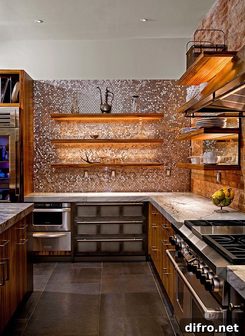 Copper penny tile backsplash brings glamour to the kitchen [Design: Superior Woodcraft / Threshold Interiors / Randl Bye]