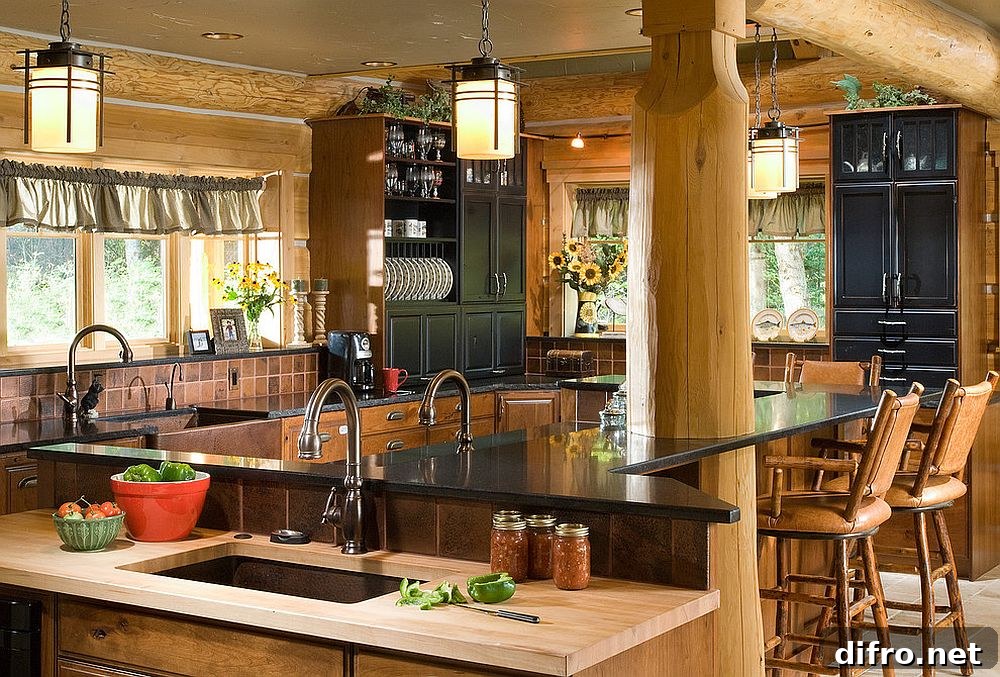 Hammered copper tile backsplash gives the kitchen a rustic visual appeal [Design: Native Trails – Country Classic Design Center / Photography by Heidi Long, Longviews Studio]
