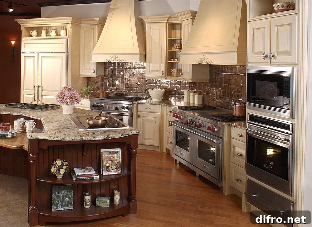 Copper tiled backsplash for the spacious, traditional kitchen [Design: Clarke Appliance Showrooms]