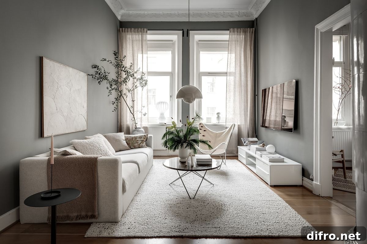Smart and small Scandinavian style living room with gray walls and a hint of green