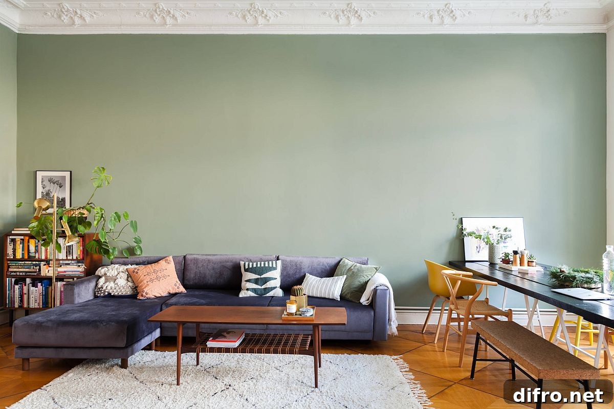 Mint green accent wall with dark gray couch