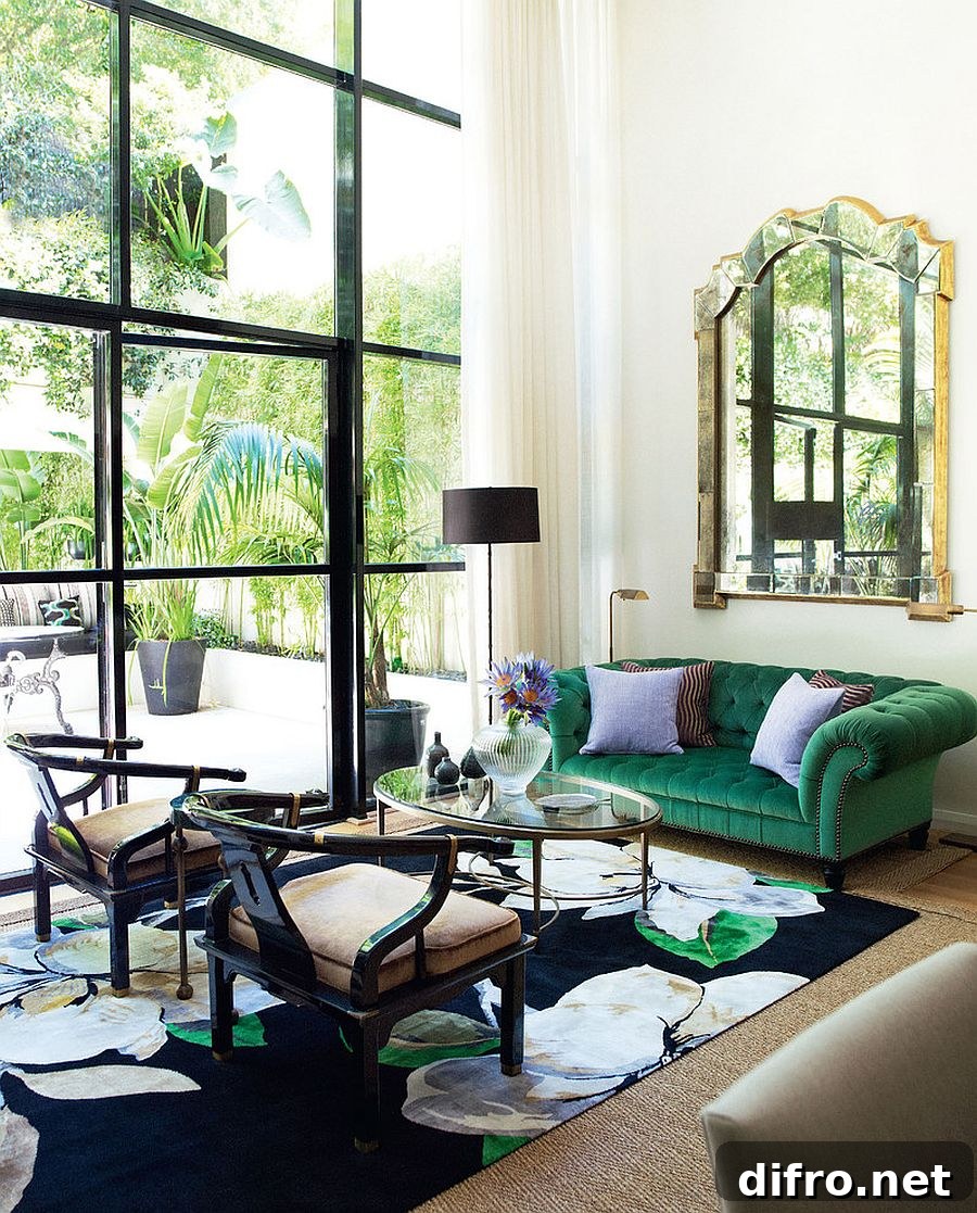 Dark green couch in a light-filled living room