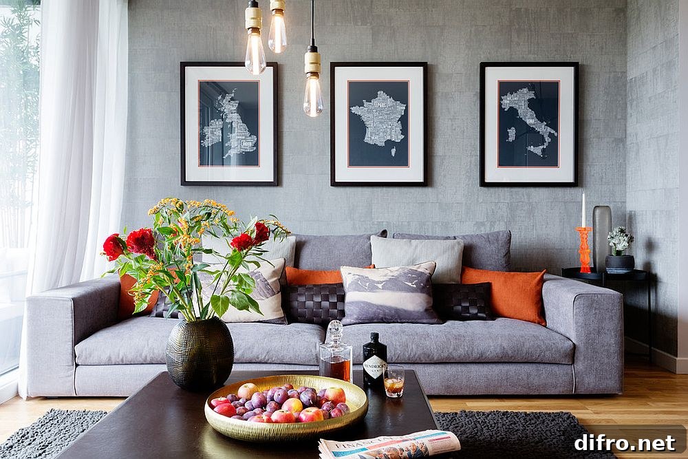 Contemporary living space illuminated by Edison bulbs