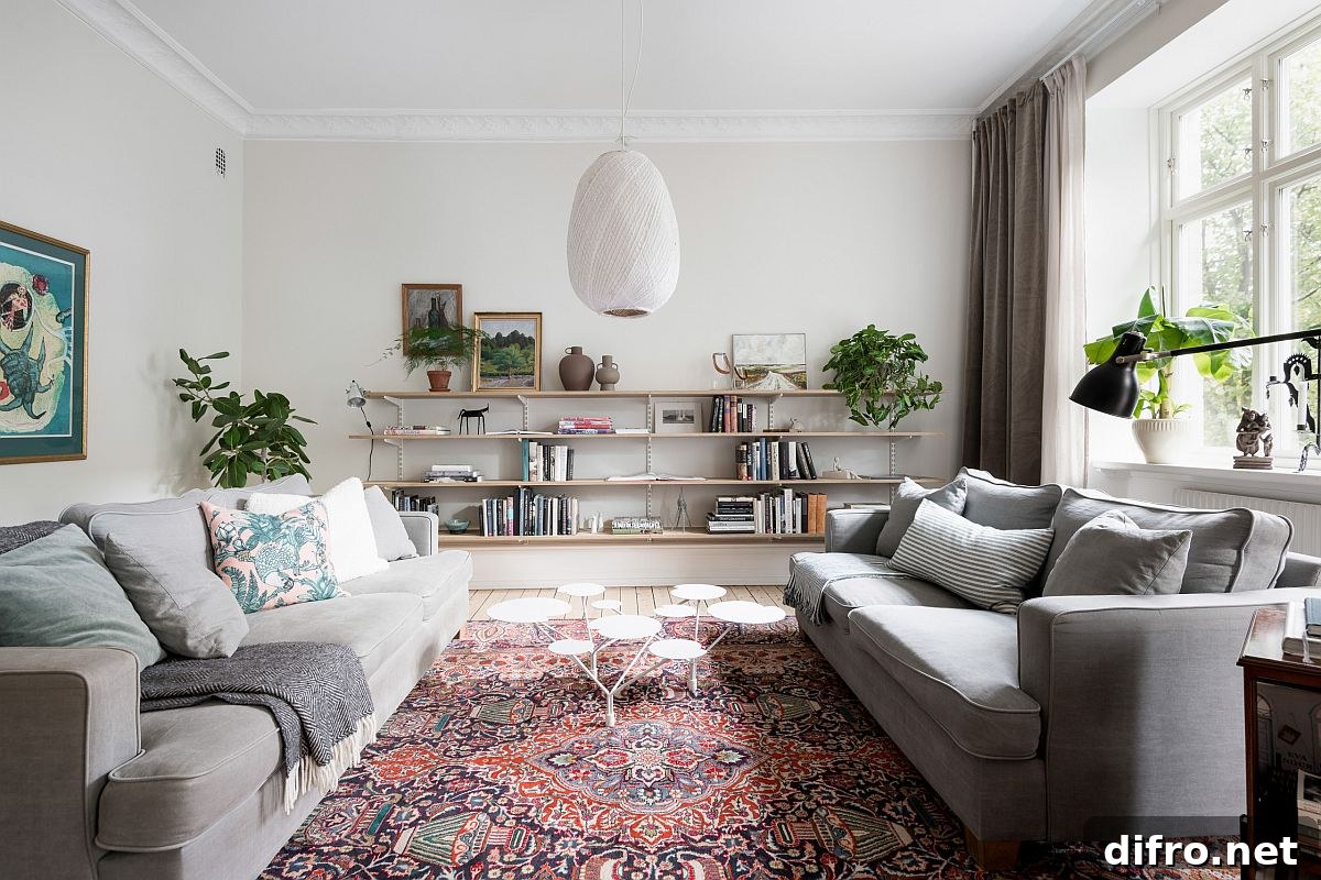 Dashing modern Scandinavian living room with a rug that steals the spotlight